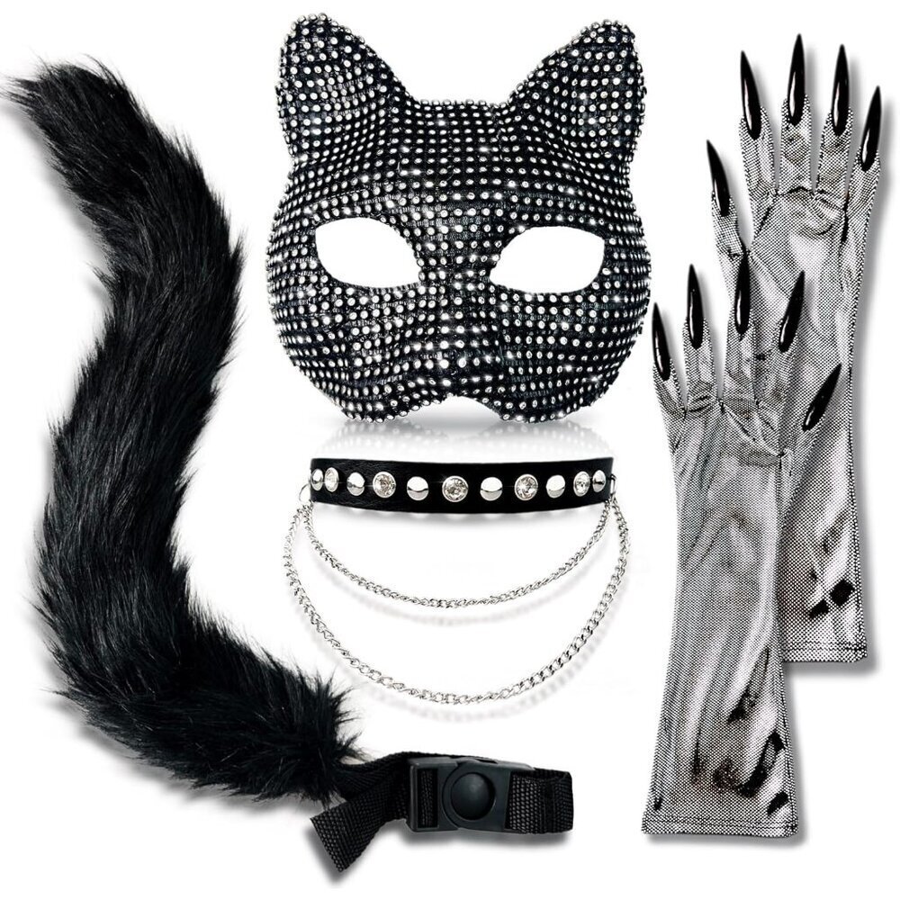 Women Cat Costume Leather Mask Gloves Tail Choker Accessories